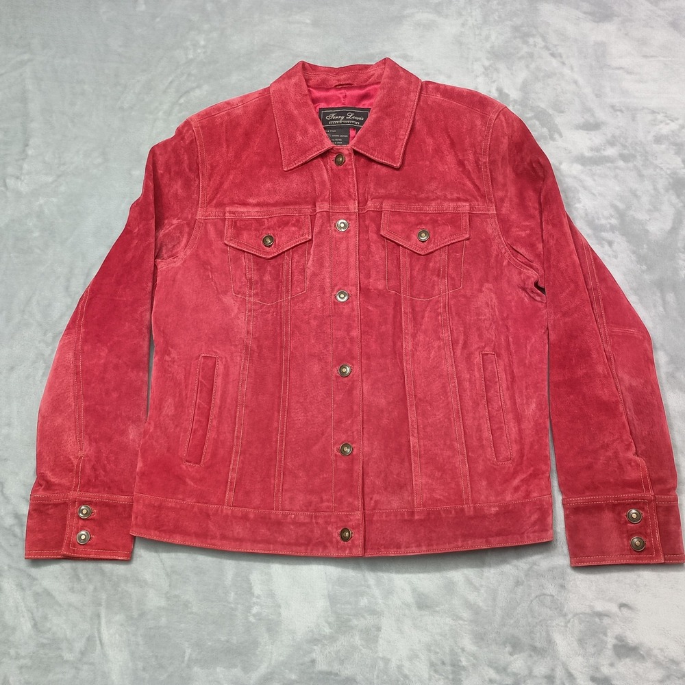 Terry Lewis Jacket Womens Large Red Suede Leather Classic Luxuries Trucker Chic